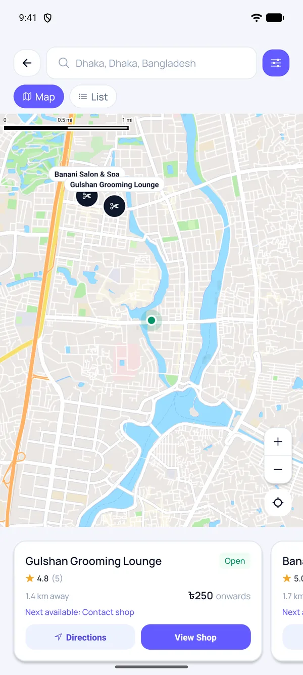 Map of barbershops near Gulshan, Dhaka