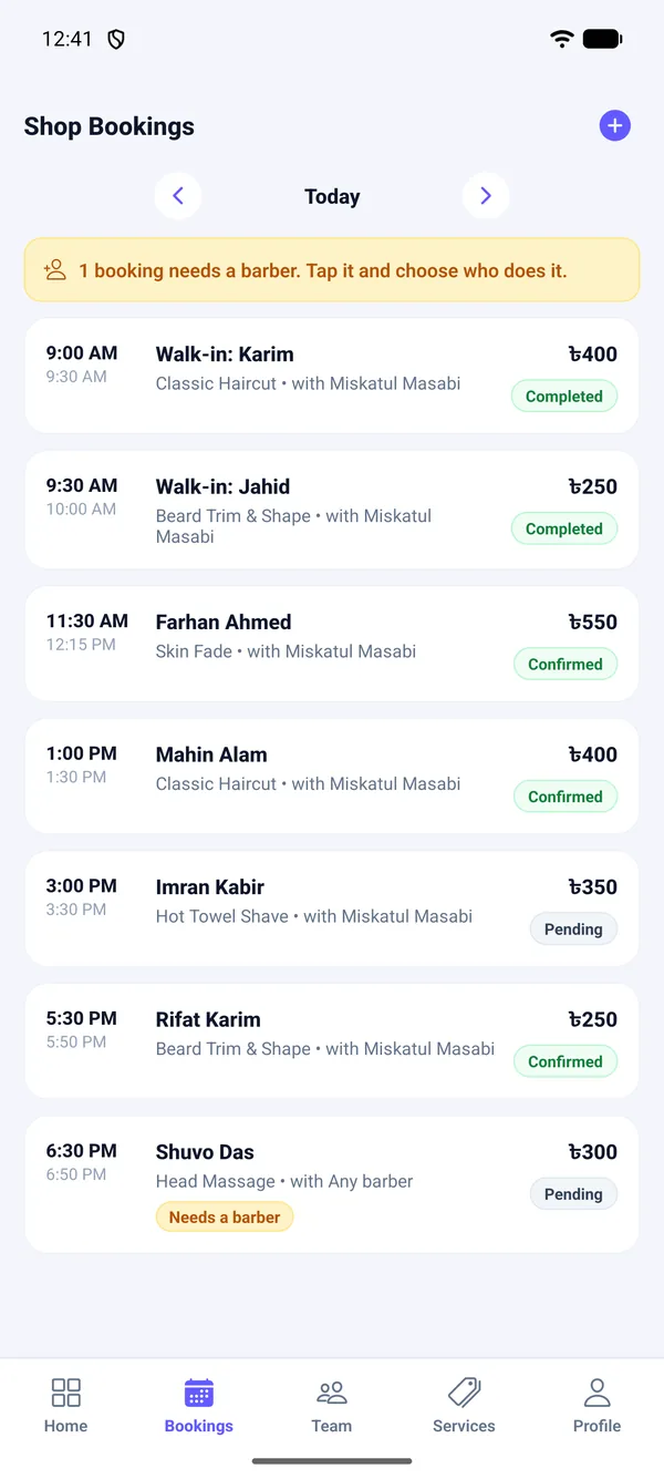 Today's bookings and walk-ins